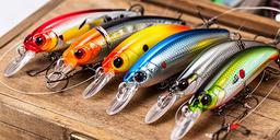 Rapala Wobbler-Set mit farbigen Kunstködern auf einer hölzernen Angelbox