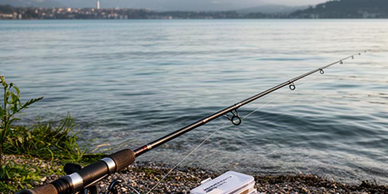 Angelausrüstung mit Rute und Rolle am Ufer des Genfersees bei Nyon
