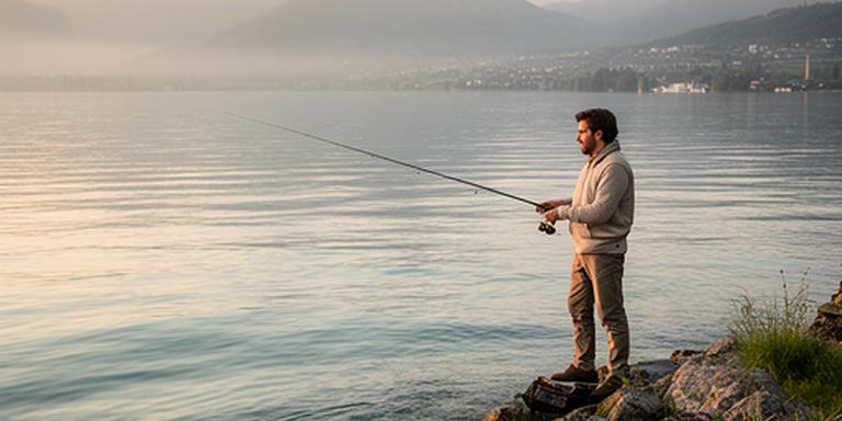 Anglerin am Ufer des Genfersees bei Nyon mit Rute und ruhigem Wasser im Morgenlicht