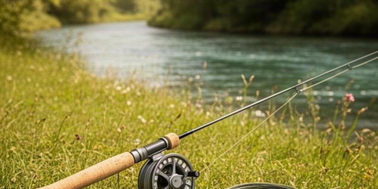 Einsteiger-Fliegenfischerset mit Rute und Rolle auf einer Wiese am Flussufer im Sommer